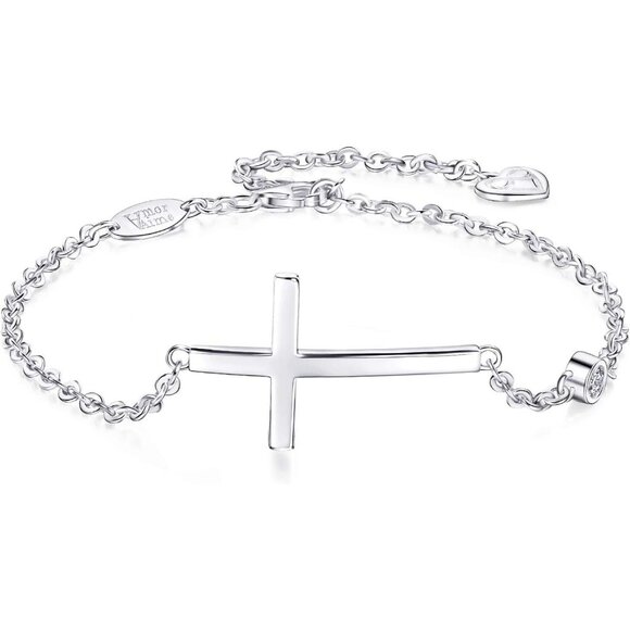 925 Sterling Silver Cross & CZ Faith Bracelet for Women 15 Inch Adjustable - Picture 1 of 6
